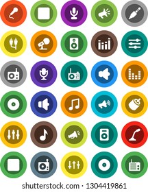 White Solid Icon Set- music vector, disk, microphone, radio, speaker, loudspeaker, settings, equalizer, forward button, backward, rca, jack