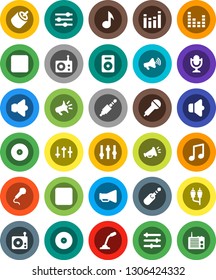 White Solid Icon Set- music vector, disk, microphone, radio, speaker, loudspeaker, settings, equalizer, forward button, backward, rca, jack