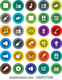 White Solid Icon Set- music vector, disk, microphone, radio, speaker, loudspeaker, settings, equalizer, forward button, backward, rca, jack