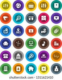 White Solid Icon Set- music vector, archive, constellation, investment, personal information, hierarchy, any currency, cereals, heart monitor, navigator, phone, Railway carriage, settings, vial