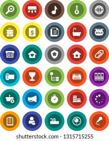 White Solid Icon Set- music vector, world, receipt, binder, stopwatch, clipboard, document, glass, cargo search, loudspeaker, thermometer, ovule, loading, hierarchy, attachment, login, house, pool