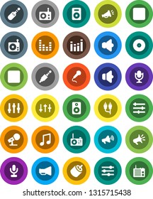 White Solid Icon Set- music vector, disk, microphone, radio, speaker, loudspeaker, settings, equalizer, forward button, backward, rca, jack