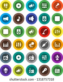 White Solid Icon Set- music vector, disk, microphone, radio, speaker, loudspeaker, settings, equalizer, forward button, backward, rca, jack