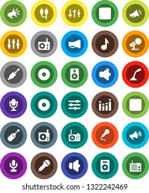 White Solid Icon Set- music vector, disk, microphone, radio, speaker, loudspeaker, settings, equalizer, forward button, backward, rca, jack