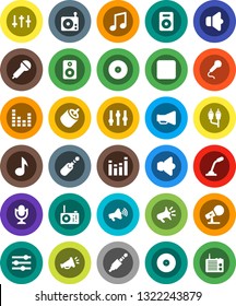 White Solid Icon Set- music vector, disk, microphone, radio, speaker, loudspeaker, settings, equalizer, forward button, rca, jack