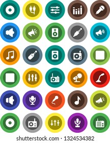 White Solid Icon Set- music vector, disk, microphone, radio, speaker, loudspeaker, settings, equalizer, forward button, backward, rca, jack
