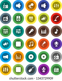 White Solid Icon Set- music vector, disk, microphone, radio, speaker, loudspeaker, settings, equalizer, forward button, backward, rca, jack