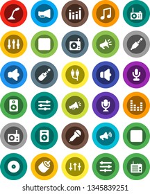 White Solid Icon Set- music vector, disk, microphone, radio, speaker, loudspeaker, settings, equalizer, forward button, backward, rca, jack
