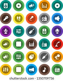 White Solid Icon Set- music vector, disk, microphone, radio, speaker, loudspeaker, settings, equalizer, forward button, backward, rca, jack
