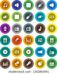 White Solid Icon Set- music vector, disk, microphone, radio, speaker, loudspeaker, settings, equalizer, forward button, backward, rca, jack