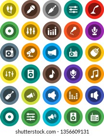 White Solid Icon Set- music vector, disk, microphone, radio, speaker, loudspeaker, settings, equalizer, rca, jack