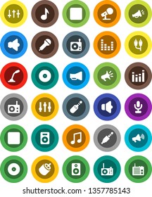 White Solid Icon Set- music vector, disk, microphone, radio, speaker, loudspeaker, settings, equalizer, forward button, backward, rca, jack