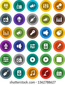 White Solid Icon Set- music vector, disk, microphone, radio, speaker, loudspeaker, settings, equalizer, backward button, rca, jack