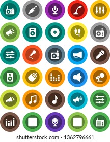 White Solid Icon Set- music vector, disk, microphone, radio, speaker, loudspeaker, settings, equalizer, forward button, backward, rca, jack