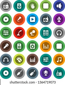 White Solid Icon Set- music vector, disk, hit, microphone, radio, speaker, equalizer, headphones, play button, forward, backward, jack
