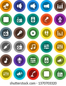 White Solid Icon Set- music vector, disk, microphone, radio, speaker, loudspeaker, settings, equalizer, forward button, backward, rca, jack