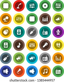 White Solid Icon Set- music vector, disk, microphone, radio, speaker, loudspeaker, settings, equalizer, forward button, backward, rca, jack