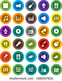 White Solid Icon Set- music vector, disk, microphone, radio, speaker, loudspeaker, settings, equalizer, backward button, rca, jack