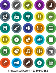 White Solid Icon Set- music vector, disk, microphone, radio, speaker, loudspeaker, settings, equalizer, forward button, rca, jack