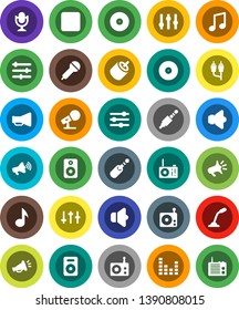 White Solid Icon Set- music vector, disk, microphone, radio, speaker, loudspeaker, settings, equalizer, forward button, rca, jack