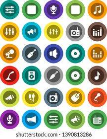White Solid Icon Set- music vector, disk, microphone, radio, speaker, loudspeaker, settings, equalizer, forward button, backward, rca, jack