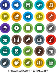 White Solid Icon Set- music vector, disk, microphone, radio, speaker, loudspeaker, settings, equalizer, forward button, backward, rca, jack