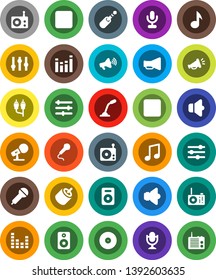 White Solid Icon Set- music vector, disk, microphone, radio, speaker, loudspeaker, settings, equalizer, forward button, backward, rca, jack