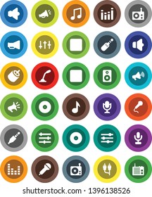 White Solid Icon Set- music vector, disk, microphone, radio, speaker, loudspeaker, settings, equalizer, forward button, backward, rca, jack