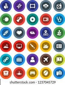 White Solid Icon Set- navigator vector, attention, plane, client, ship, film frame, disk, radio, remote control, monitor, heart, disabled, dna, insemination, broken bone, stethoscope, connect, bench