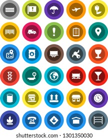 White Solid Icon Set- navigator vector, earth, map pin, Railway carriage, attention, office, plane, satellite, traffic light, phone 24, truck trailer, sea container, car, clock, clipboard, glass