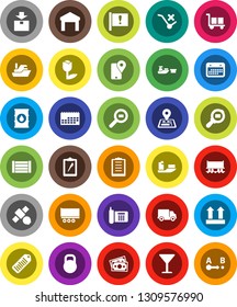 White Solid Icon Set- navigator vector, Railway carriage, attention, satellite, money, phone, traking, ship, truck trailer, delivery, calendar, port, wood box, clipboard, glass, cargo, top sign
