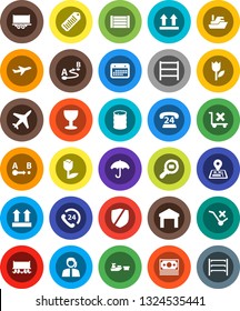 White Solid Icon Set- navigator vector, Railway carriage, plane, money, phone 24, support, ship, truck trailer, calendar, port, wood box, glass, umbrella, top sign, no trolley, tulip, warehouse