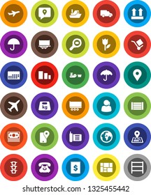 White Solid Icon Set- navigator vector, earth, map pin, plane, money, traffic light, phone, support, traking, ship, truck trailer, car, calendar, receipt, port, wood box, consolidated cargo, tulip
