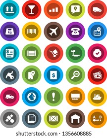 White Solid Icon Set- navigator vector, earth, attention, plane, satellite, money, phone, traking, ship, truck trailer, car, receipt, wood box, document, glass, cargo, top sign, warehouse, sorting