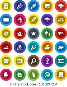White Solid Icon Set- navigator vector, office, umbrella, settings, video camera, remote control, touchscreen, mail, thermometer, pregnancy, pills bottle, potion, equalizer, favorites, cloud upload