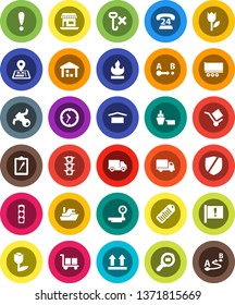 White Solid Icon Set- navigator vector, attention, office, satellite, traffic light, phone 24, ship, truck trailer, delivery, clock, port, clipboard, cargo, dry, top sign, no hook, tulip, warehouse