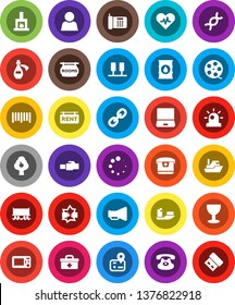 White Solid Icon Set- navigator vector, Railway carriage, ship, glass, oil barrel, barcode, film spool, loudspeaker, notebook pc, classic phone, link, doctor bag, heart pulse, dna, potion, server