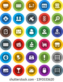 White Solid Icon Set- navigator vector, earth, map pin, attention, office, satellite, money, traffic light, support, client, ship, truck trailer, sea container, calendar, wood box, clipboard, glass