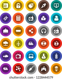 White Solid Icon Set- notebook pc vector, flask, monitor dollar, molecule, support, radio, remote control, headphones, rca, hdmi, jack, dna, disconnection, cloud network, lan connector, windmill, tv