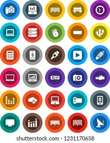 White Solid Icon Set- notebook pc vector, laptop graph, clock, barcode, music hit, equalizer, remote control, play button, hdmi, cloud lock, big data, lan connector, bench, route arrow, calculator