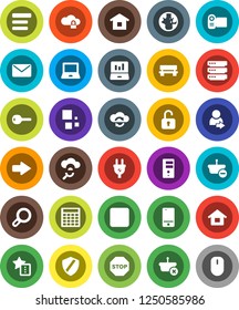 White Solid Icon Set- notebook pc vector, world, laptop graph, calculator, mobile phone, forward button, cloud glass, exchange, lock, big data, server, menu, shield, favorites, bench, arrow, loading