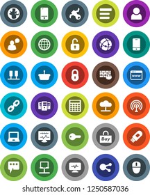 White Solid Icon Set- notebook pc vector, world, calculator, satellite, antenna, mobile phone, speaking man, social media, diagnostic monitor, connection, server, network, cloud, browser, menu, lock