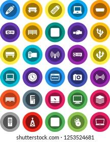 White Solid Icon Set- notebook pc vector, clock, barcode, music hit, antenna, remote control, stop button, forward, hdmi, big data, browser, lan connector, bench, route arrow, wireless, monitor