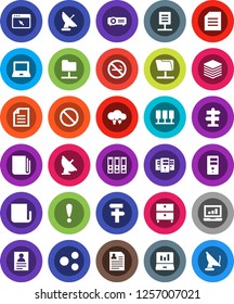 White Solid Icon Set- notebook pc vector, document, archive, personal information, laptop graph, binder, prohibition sign, no smoking, signpost, attention, satellite antenna, newspaper, server