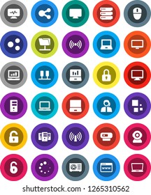 White Solid Icon Set- notebook pc vector, laptop graph, support, monitor, diagnostic, server, network folder, big data, browser, share, loading, unlock, ari condition, wireless, lock, web camera