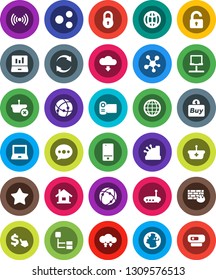 White Solid Icon Set- notebook pc vector, laptop graph, dollar cursor, earth, mobile phone, social media, favorites, connection, network, cloud exchange, firewall, router, share, message, refresh