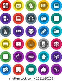 White Solid Icon Set- notebook pc vector, arrow up, clock, barcode, music hit, camera, equalizer, remote control, headphones, stop button, forward, big data, lan connector, bench, loading, wireless