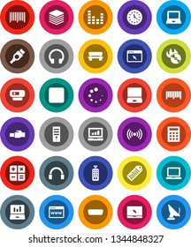 White Solid Icon Set- notebook pc vector, laptop graph, clock, barcode, music hit, equalizer, remote control, headphones, stop button, hdmi, big data, browser, lan connector, bench, loading