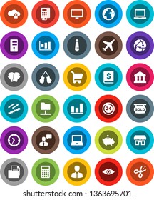 White Solid Icon Set- notebook pc vector, bank, graph, piggy, manager, annual report, calculator, tie, boxing glove, stairways run, earth, plane, clock, document, speaking man, monitor, eye, server