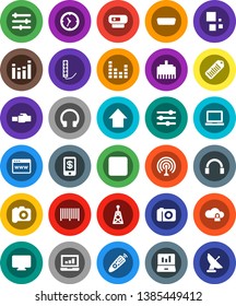 White Solid Icon Set- notebook pc vector, laptop graph, arrow up, clock, barcode, camera, antenna, equalizer, remote control, headphones, forward button, hdmi, cloud lock, browser, lan connector